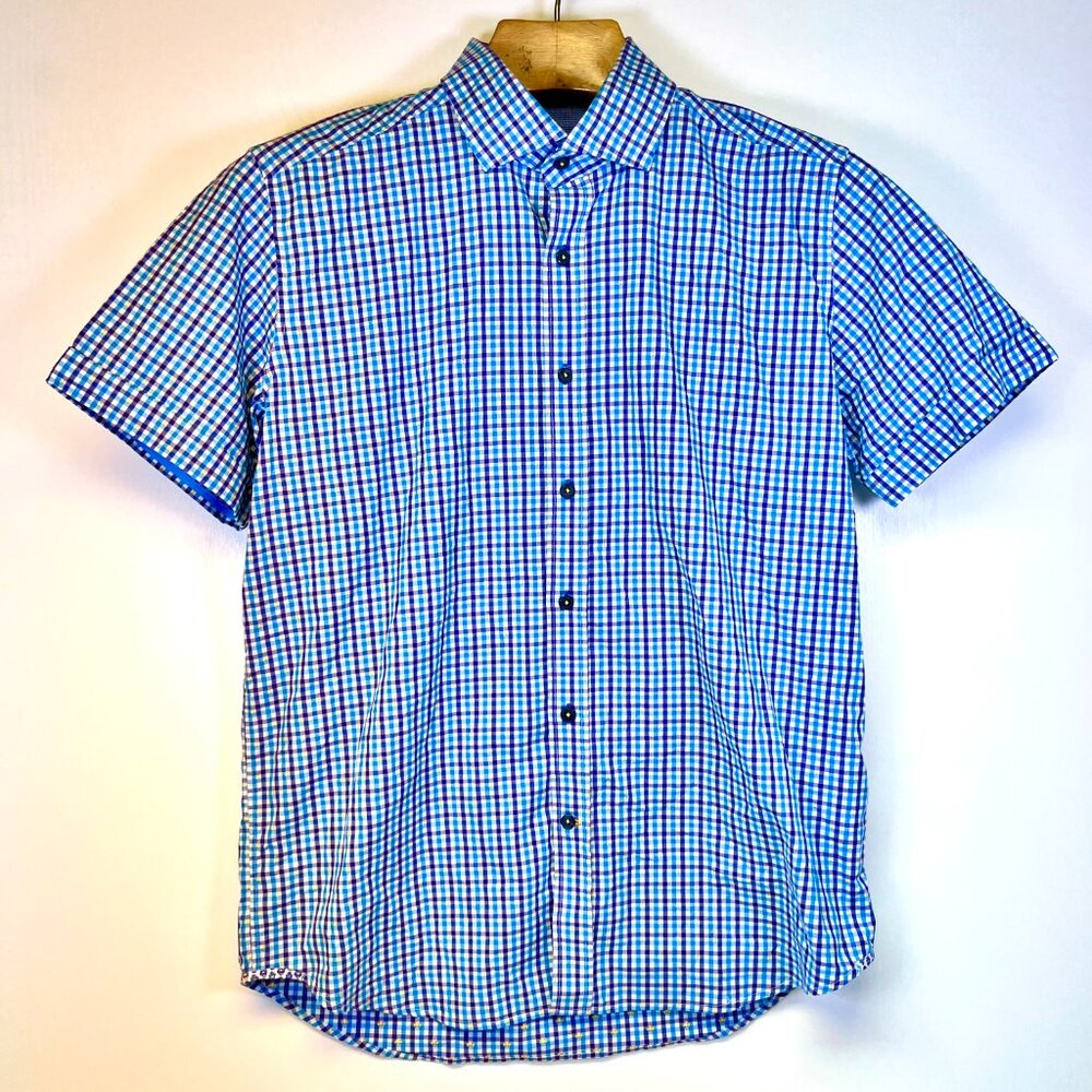 Robert Graham Mens L Teal Navy White Gingham Plaid Button Down Short Sleeve Shir